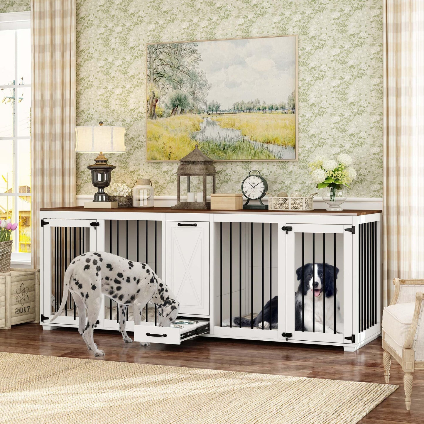 DAWNSPACES Large Furniture Style Large Dog Crate for 2 Dogs with 2 Dog Bowls & a Storage Drawer, 86.6" Heavy Duty Wooden Dog Kennel, Indoor Dog kennel for Large Medium Dogs, TV Stand Table, W - WoodArtSupply