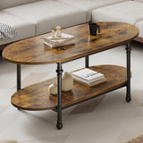 GarveeHome Oval Coffee Brown Table Unique Tea Table 47.2" Cocktail Table Low Storage Coffee Table 2 Tier Vintage Center Table for Living Room Office Rustic Mid Century GarveeHome