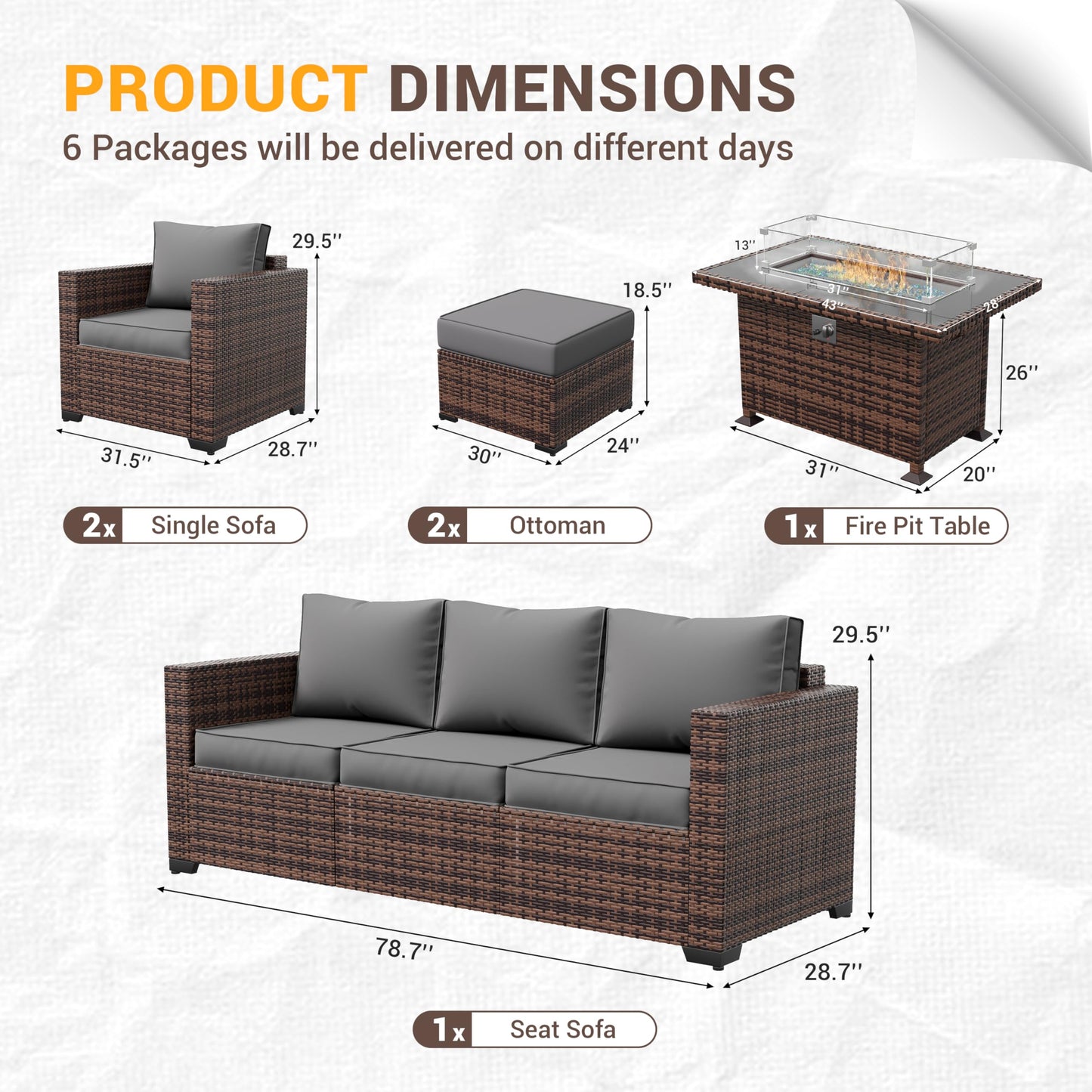 Amopatio Outdoor Patio Furniture Sets, 8 Pieces Wicker Patio Furniture, Outdoor Sectional Patio Couch Set with Ottoman, Outdoor Conversation Set with 44" Gas Fire Pit for Outside (Grey) - WoodArtSupply