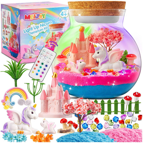 Light-Up Unicorn Terrarium Kit for Kids: LED Night Light Up & Remote Birthday Gifts for Girl Ages 4 5 6 7 8-12 Year Old Unicorn Toys for Girls Age 4-6 - Arts and Crafts Meijoy