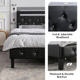 Benevika LED Upholstered Queen Size Bed Frame with Adjustable Headboard and USB Charging Station Benevika