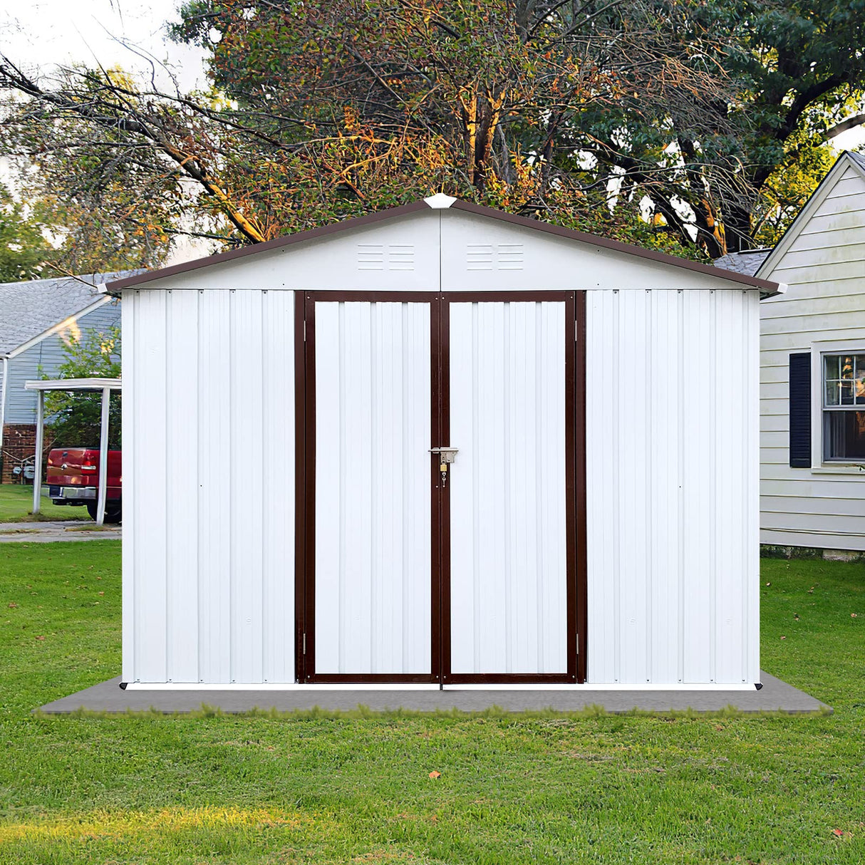 Jintop 10x8 FT Clearance Sheds & Outdoor Storage with Lockable Doors and Waterproof Roofs,Metal Garden Shed w/Durable Metal Frame & Punched Vents,for Bike, Barbeque,Tool,White+Coffee Jintop
