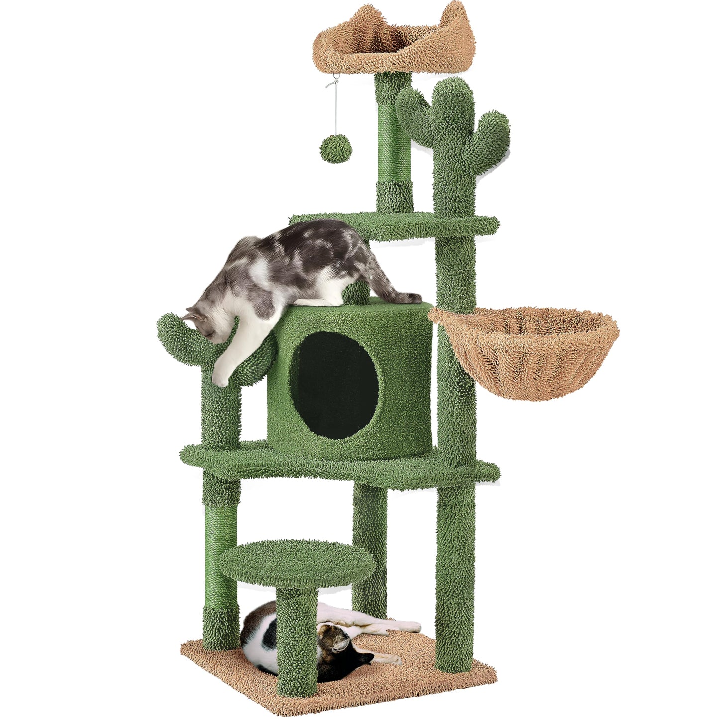 Yaheetech Cactus Cat Tree, 53.5in Cat Tower for Indoor Cats with Sisal Covered Scratching Post, Condo, Plush Perches and Fluffy Balls, Multi-Level Cat Climbing Tree Play House Activity Center, Green