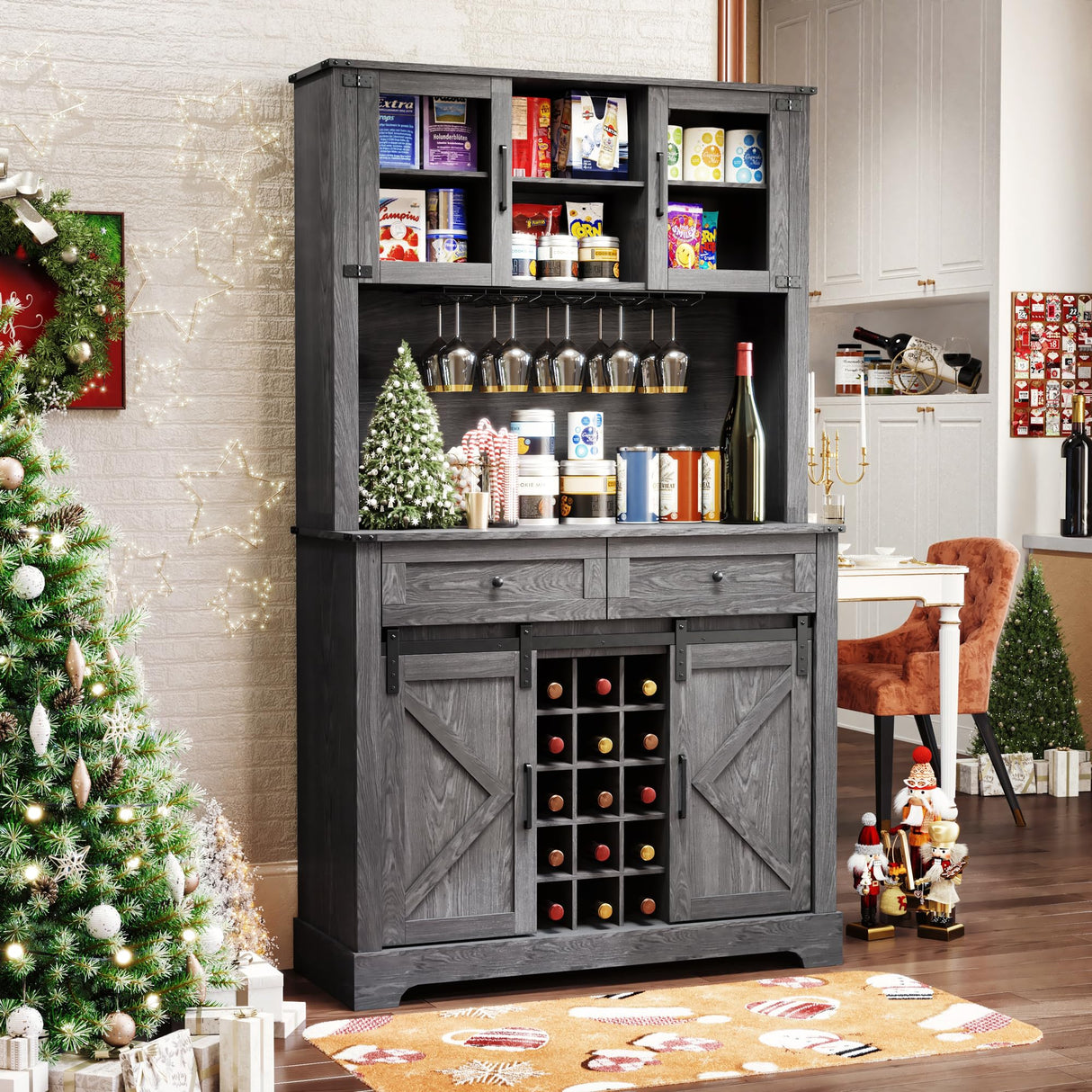 ARTPOWER Wine Bar Cabinet with Sliding Barn Door, 72" Hutch Cabinet with Wine&Glasses Rack, Tall Farmhouse Kitchen Pantry Buffet with Drawers for Dining Room, Gray ARTPOWER