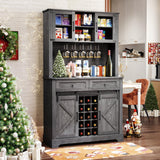 ARTPOWER Wine Bar Cabinet with Sliding Barn Door, 72" Hutch Cabinet with Wine&Glasses Rack, Tall Farmhouse Kitchen Pantry Buffet with Drawers for Dining Room, Gray ARTPOWER