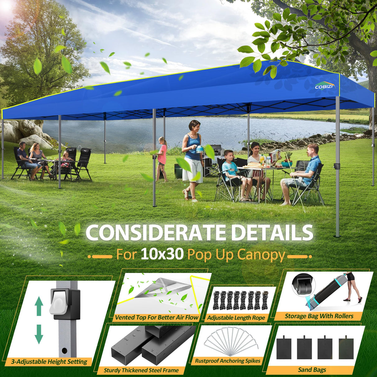 COBIZI 10x30 Pop Up Canopy Tent with Air Vent EZ Pop Up Party 10x30 Canopy Tent Waterproof and UPF50+,Outdoor Canopy Tent for Parties Wedding Events,with Roller Bag, Sandbags(Blue COBIZI