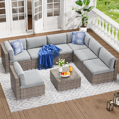 YITAHOME 8 Pieces Outdoor Patio Furniture Set, Sectional Sofa PE Rattan Wicker Conversation Set Outside Couch w/Table and Cushions for Porch Lawn Garden Backyard,Gray - WoodArtSupply