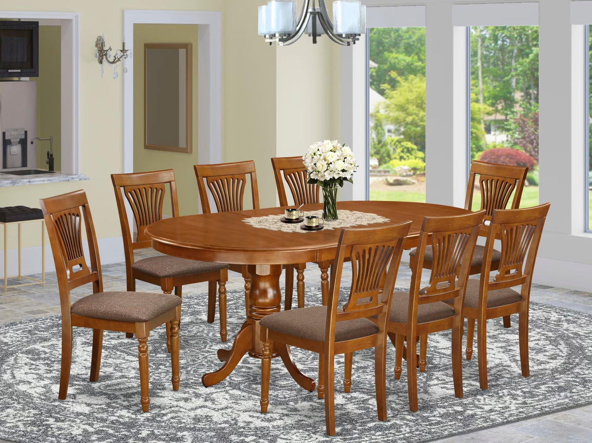 East West Furniture PLAI9-SBR-C 9 Piece Dining Set Includes an Oval Dining Room Table with Butterfly Leaf and 8 Linen Fabric Upholstered Chairs, 42x78 Inch, Saddle Brown East West Furniture