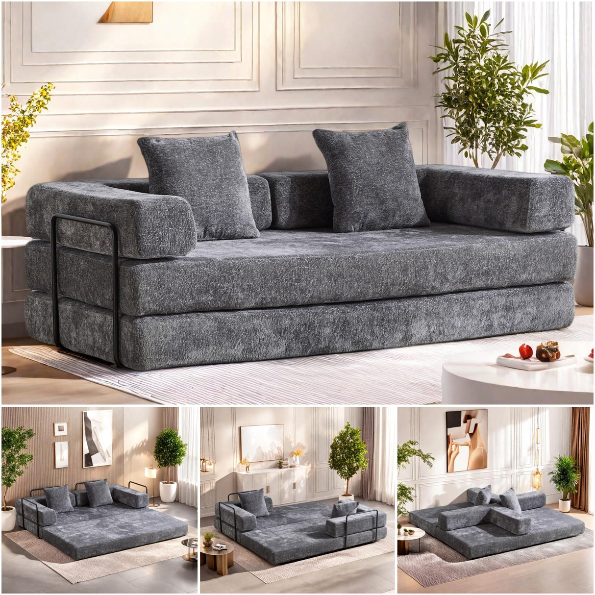 Trygoal Convertible Floor Sofa Bed, Foldable Mattress Cloud Couch with Pillow Back & Armrest, Chenille Sleeper Sofa Bed with Fixed-Shape Frame, Compressed Couch for Living Room Bedroom, Dark Gray Trygoal