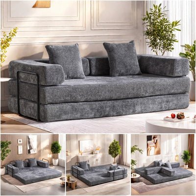 Trygoal Convertible Floor Sofa Bed, Foldable Mattress Cloud Couch with Pillow Back & Armrest, Chenille Sleeper Sofa Bed with Fixed-Shape Frame, Compressed Couch for Living Room Bedroom, Dark Gray
