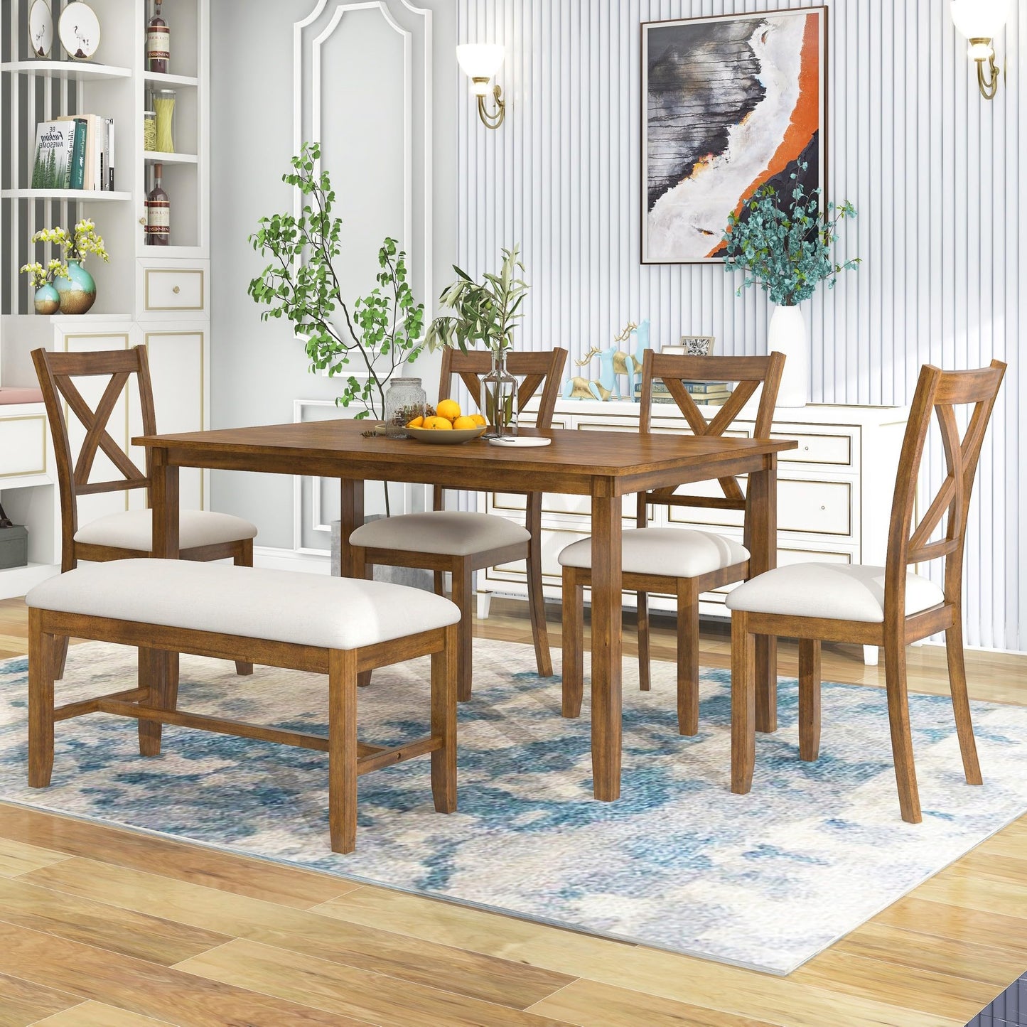 LostCat Dining Table Set for 6, Wood Rectangular Dining Table and 4 Fabric Chairs & Bench, 6-Piece Kitchen Table Set for Dining Room and Living Room, Natural Cherry - WoodArtSupply