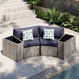 UDPATIO Patio Furniture Set Integrated Outdoor Sectional 4 Pieces Grey Rattan Modular Curved Sofa Set with Wicker Side Table,2 Pillows,Fit for Backyard,Pool,Balcony,Sunroom(Blue) UDPATIO