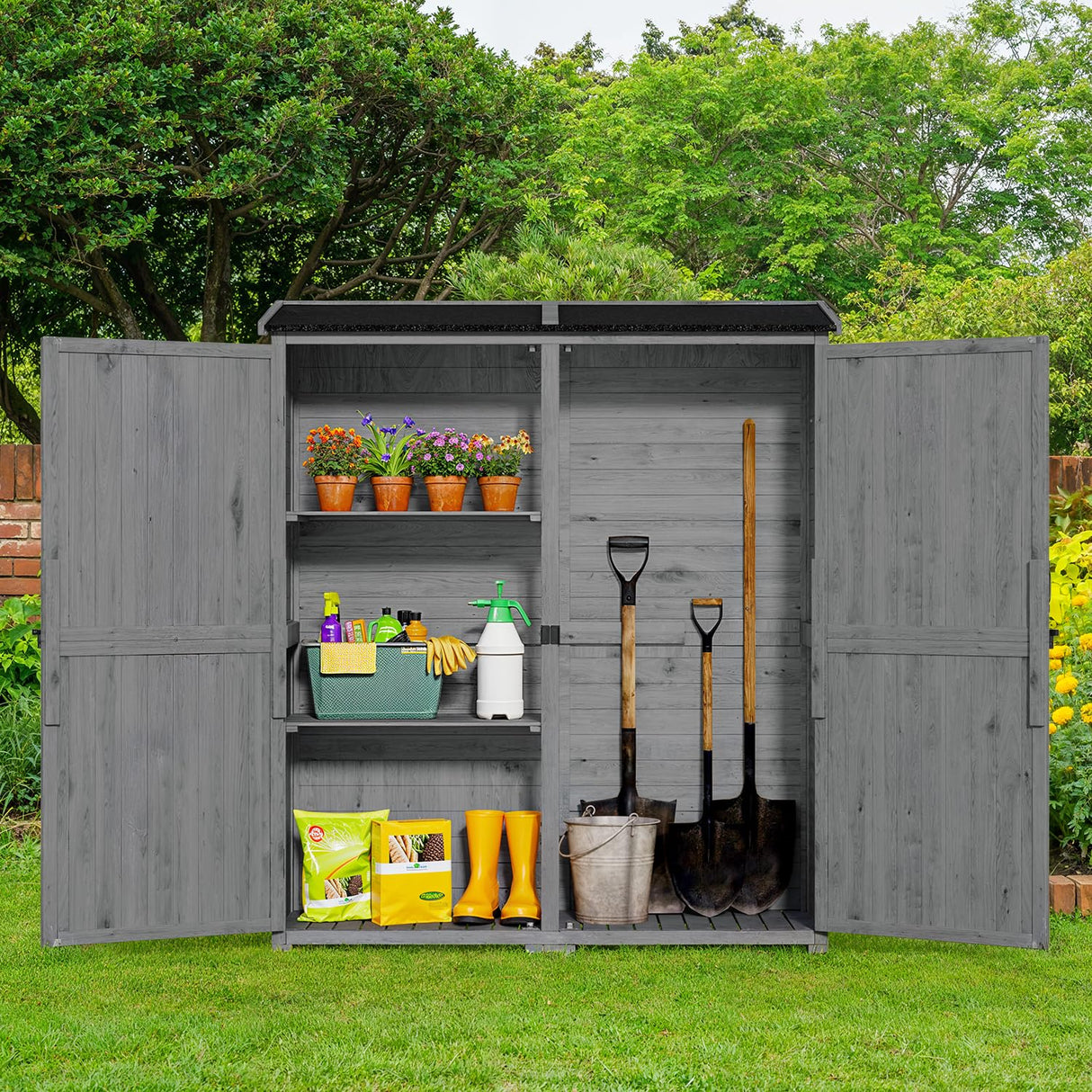 Gizoon Outdoor Storage Cabinet with Waterproof Roof, Double Lockable Doors Garden Shed with 2 Removable Shelves, Wooden Storage Shed with Large Storage Space for Patio, Garden, Backyard, Lawn, Grey Gizoon