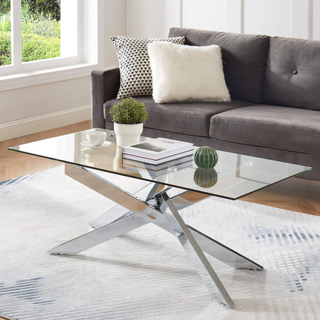 Rectangle Modern Coffee Table, Tempered Glass Top and Metal Tubular Leg, 47.3”Lx23.6”Wx18.1”H, Silver Edwin's Choice