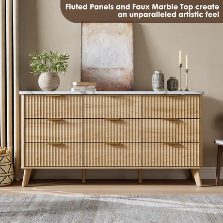 Fluted Dresser for Bedroom with 9 Deep Drawers, 60.6" Wide Modern Chest of Drawer with Faux Marble Top, Wooden Dresser TV Stand, Curved Profile Design, for Living Room, Kids Room, Hallway, Natural Oak GarveeHome
