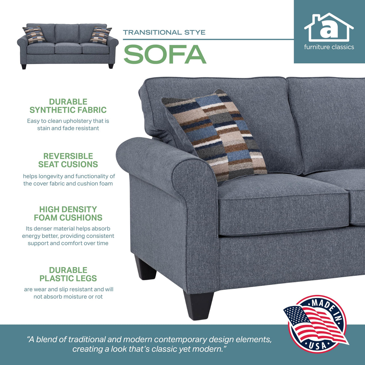 American Furniture Classics Eureka Rolled Arm Sofa with Two Pillows American Furniture Classics