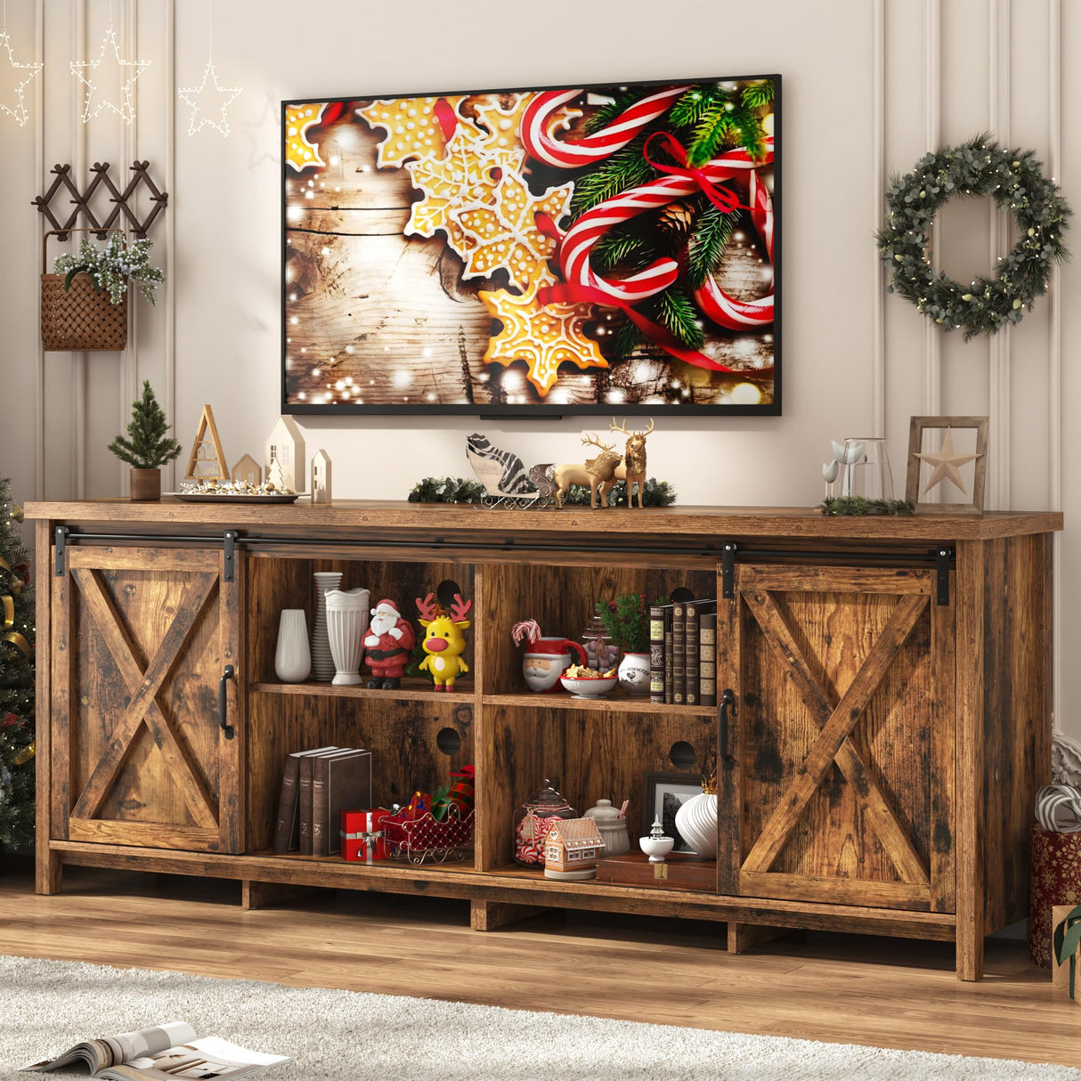 Farmhouse TV Stand for 80 Inch TV with Sliding Barn Door, Rustic Wood Entertainment Center Large Media Console Cabinet Long Television Stands,Console Table and Media Furniture for Living Room(Brown) chartustriable