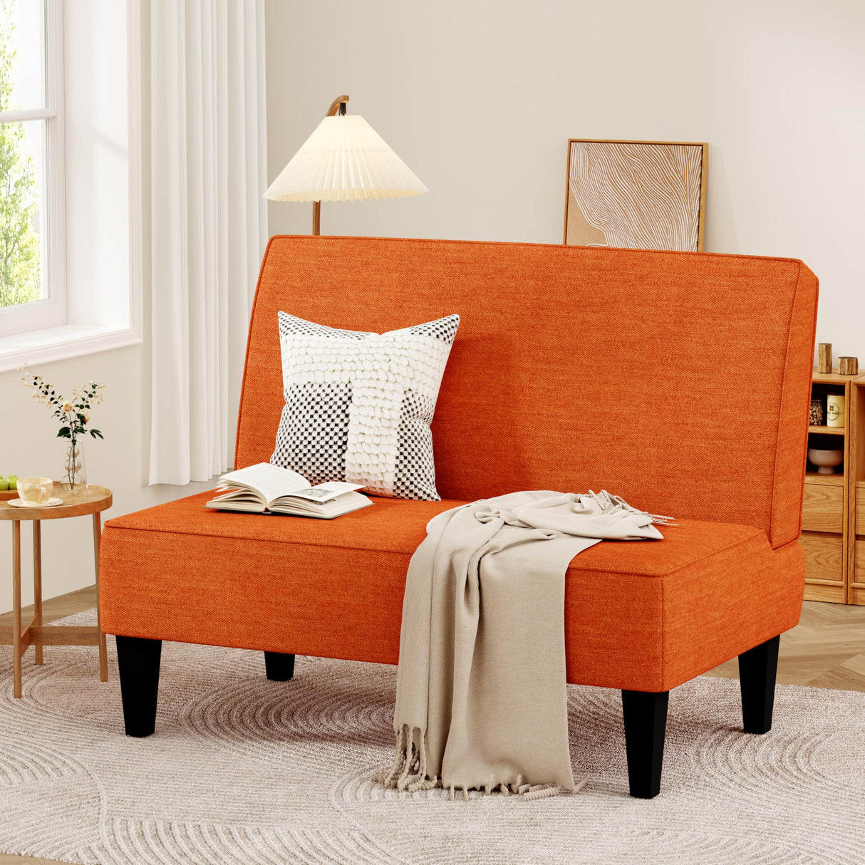 Changjie Furniture Small Loveseat Sofa Upholstered Mini Couch for Small Spaces 2-Seater Sofa Couch with Wooden Legs for Bedroom Living Room (Orange) Changjie Furniture