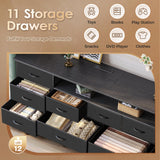 Huuger 70 Inch TV Stand for 75, 80 Inch TV, 11 Drawer Long Dresser with Power Outlets and LED Lights, Entertainment Center with Storage, Black Dresser with PU Leather Surface, 1TS011B Huuger