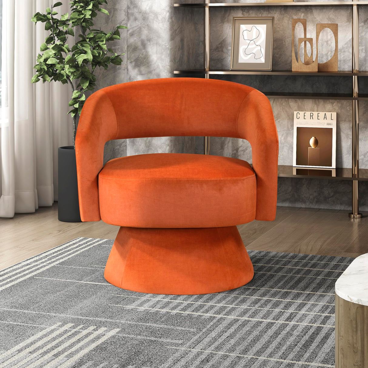 Lexicon 360 Degree Swivel Accent Chair, Modern Comfy Velvet Round Barrel Chair, Open Back, Plush Foam Cushions, Metal Swivel Base for Living Room/Bedroom/Office, Orange Lexicon