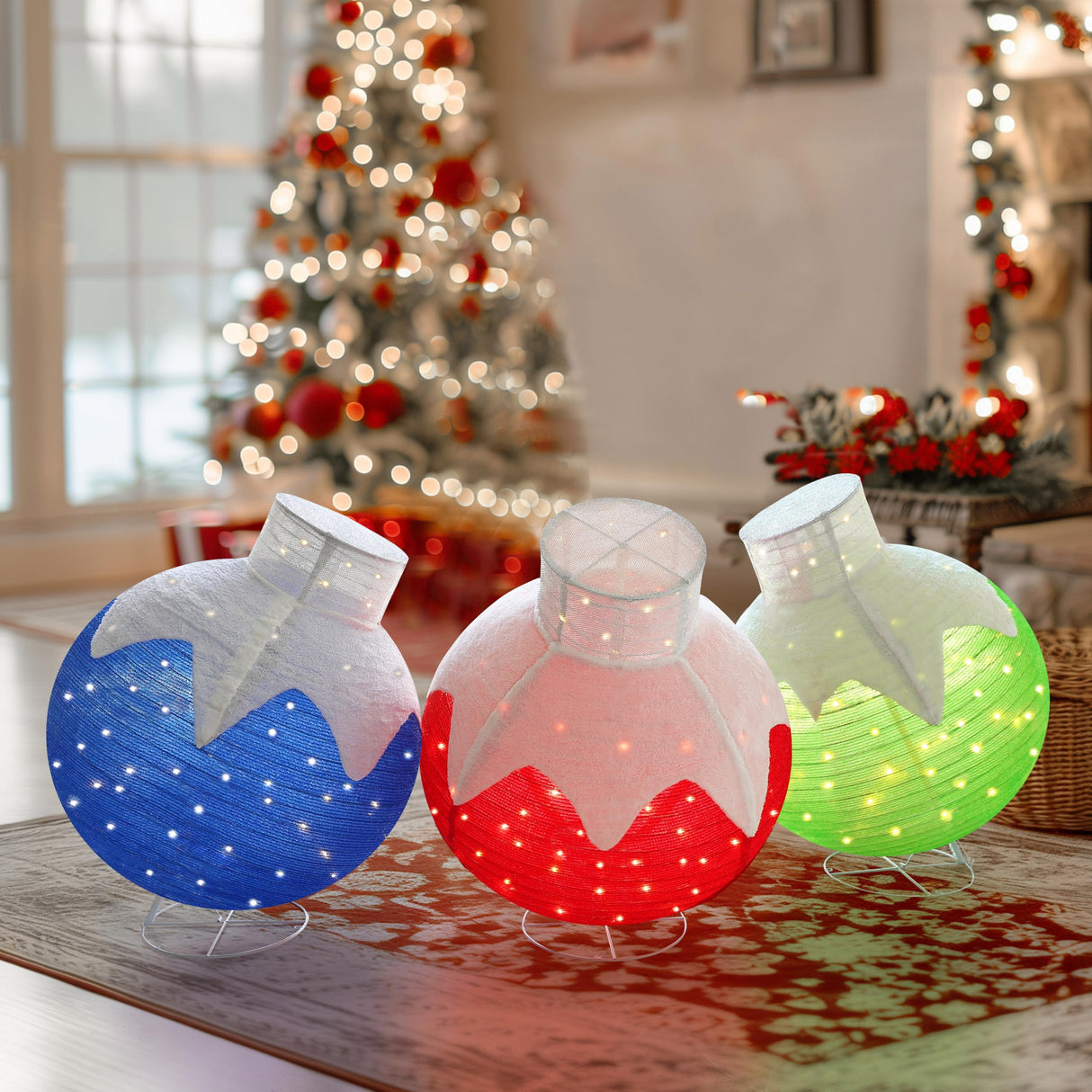 Yardenaler 3-Piece Pop-Up Christmas Ball Set with 90 LED Lights for Christmas Decoration, Pre-Lit Iridescent Christmas Ball Ornaments Decor with Base, 3D Glittered Standing Holiday Display for Outdoor Yardenaler