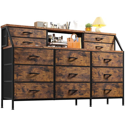 EnHomee 55”W Dresser for Bedroom, Dresser with 13 Large Drawer, Dressers & Chests of Drawers, Dressers with 2 Shelves, Bedroom Dresser, Long Dresser for Closet, Wooden Top Metal Frame Rustic  - WoodArtSupply