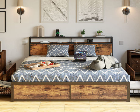 Stunning LIKIMIO King Bed Frame with Storage Drawer & Charging Headboard in Vintage Brown LIKIMIO