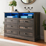 Homkdom Dressers for Bedroom,6 Drawers Dresser with LED Light,Power Outlets and Open Shelves,Chests of Drawers for 65 inch TV, for Hallway, Entryway, Dark Rustic Oak Homkdom