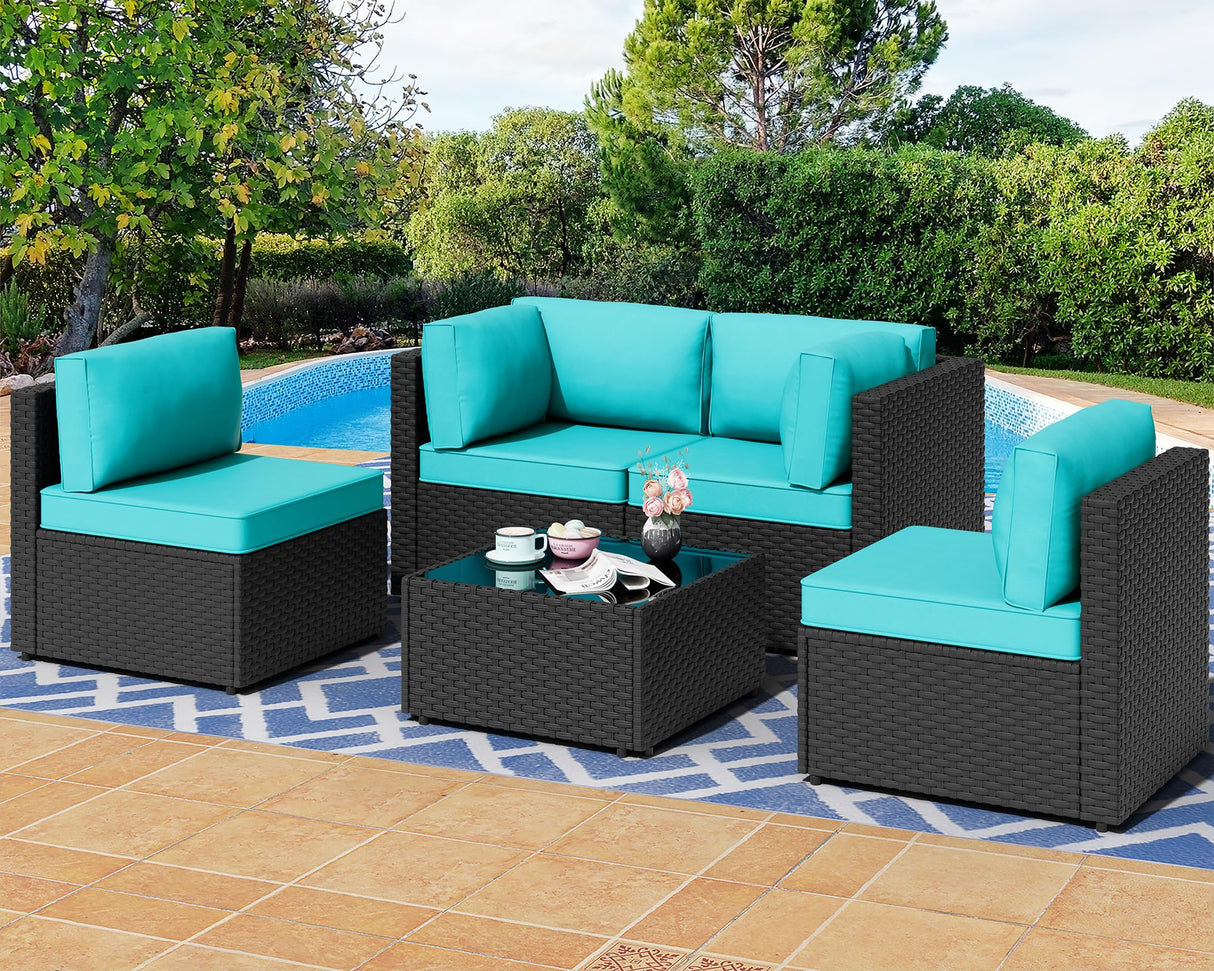 Shintenchi 5 Pieces Outdoor Patio Sectional Sofa Couch, Black PE Wicker Furniture Sets, Patio Conversation Sets with Washable Cushions Glass Coffee Table for Garden, Poolside, Backyard,Blue Shintenchi
