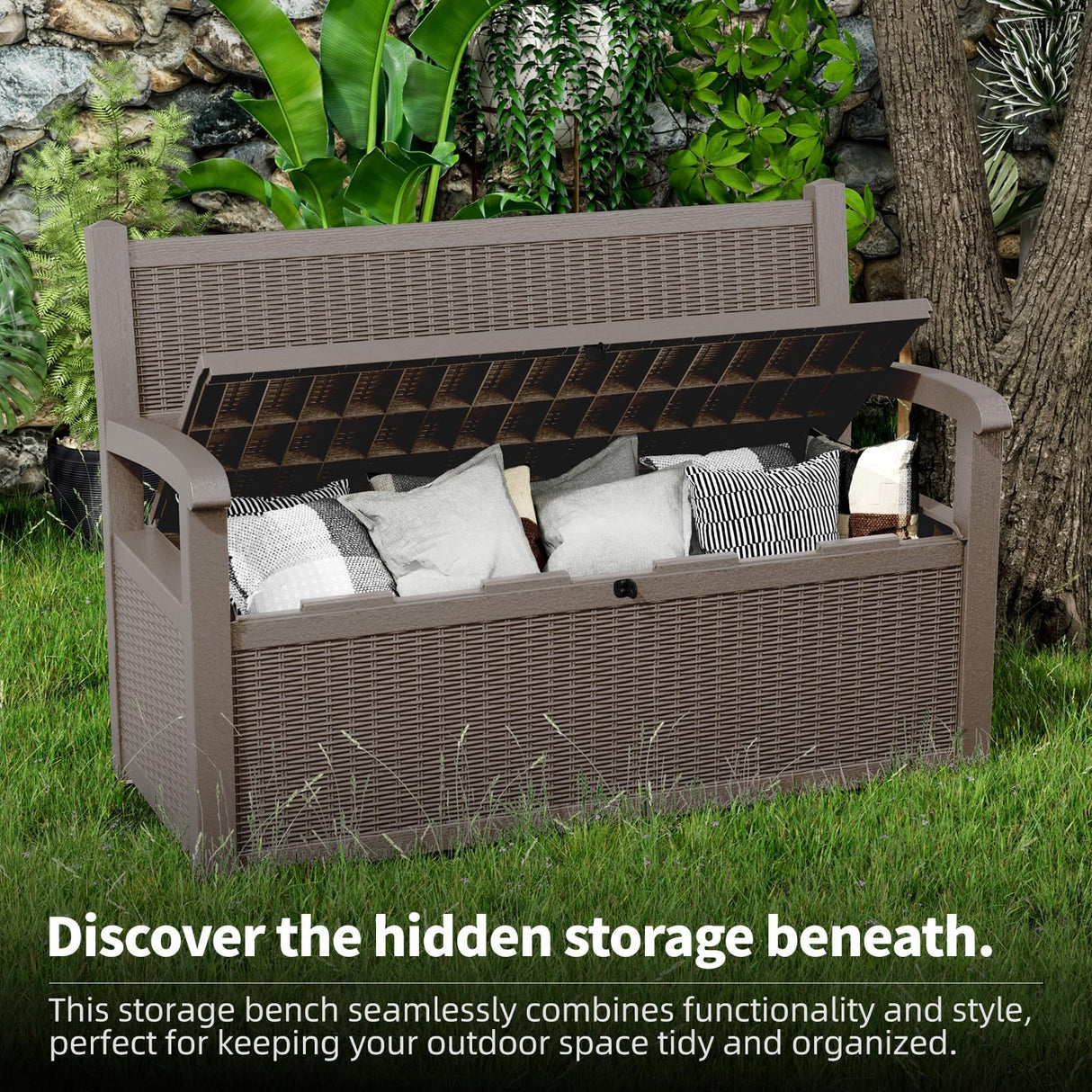 ROJIK 80 Gallon Storage Bench Deck Box Outdoor with Armrests,Storage Furniture Waterproof Lockable for Porch Patio and Garden (Grey) ROJIK