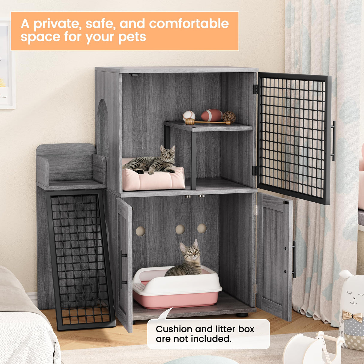 IDEALHOUSE Modern Cat Litter Box Enclosure with Platform, Double Layer Hidden Litter Box, Indoor Washroom, Villa Cat House with Ladder, 33.5" l x 17.9" w x 41.9" h,Dark Grey IDEALHOUSE
