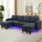 Sectional Couches for Living Room, 6 Seat Sectional Sofa Couch with Smart Module-Wireless Charging/USB/Type-C/RGB Light, U Shaped Thick Linen Modular Couch with Chaise Lounge/Storage Ottoman (Blue) NicoHali