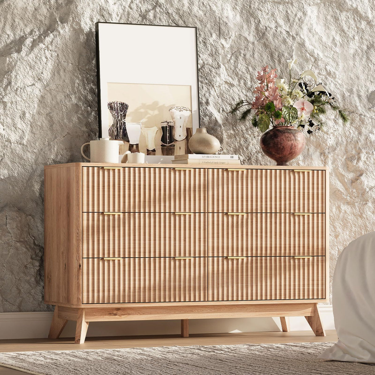 TROJM 47'' Wide 6 Drawers Dresser for Bedroom,Modern Fluted Vertical Chest with Rounded Corners,Fluted Dresser for Living Room,Hallway, Natural Wood TROJM