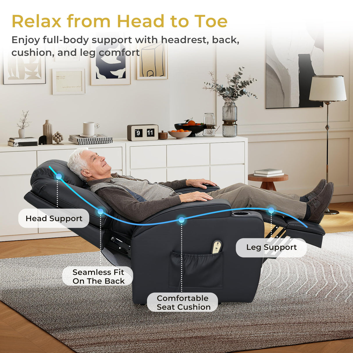 VUOVUS Power Lift Recliner Chair for Elderly, PU Leather Electric Lift Chair with Remote Control, Adjustable Footrest & Lumbar Support, Living Room Recliner with Cup Holders & Side Pockets (Black) VUOVUS