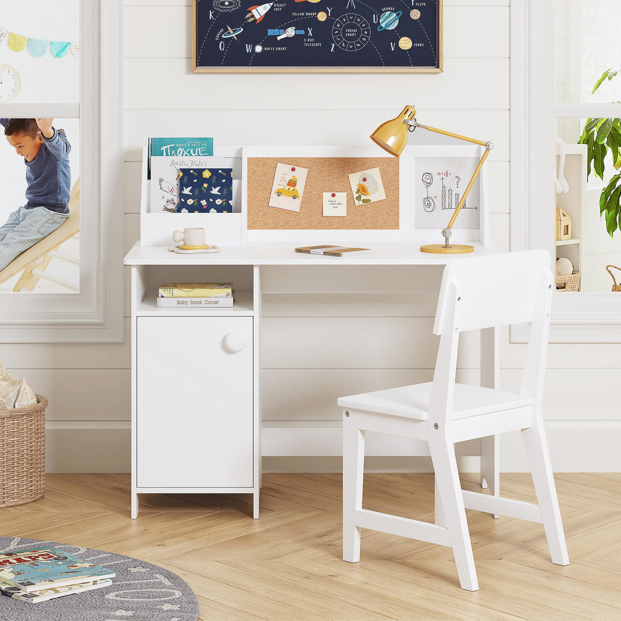 UTEX Kids Study Desk with Chair, Wooden Children School Study Table with Hutch and Chair for 3-8 Years Old, Student's Study Computer Workstation & Writing Table for Home School Use UTEX