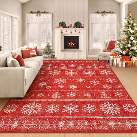 Christmas Area Rug 6x9 Rugs: Washable Living Room Rug Xmas Holiday Decor Rugs Snowflake Low Pile Boho Rug Indoor Floor Carpet for Bedroom Kitchen Dining Room Home(Xmas Red, 6'x9') Zomfy