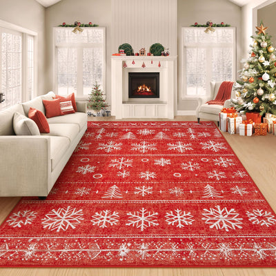 Christmas Area Rug 6x9 Rugs: Washable Living Room Rug Xmas Holiday Decor Rugs Snowflake Low Pile Boho Rug Indoor Floor Carpet for Bedroom Kitchen Dining Room Home(Xmas Red, 6'x9')