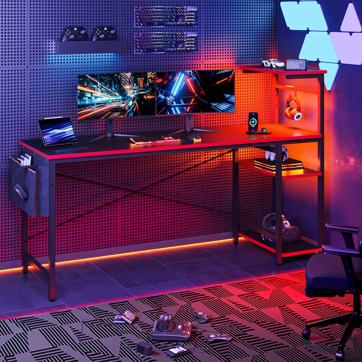 Bestier 61 Inch Gaming Desk with LED Lights, Reversible Shelves, Height Adjustable Shelf, Steel Frame, CARB P2 Class Board, Black Grained Bestier