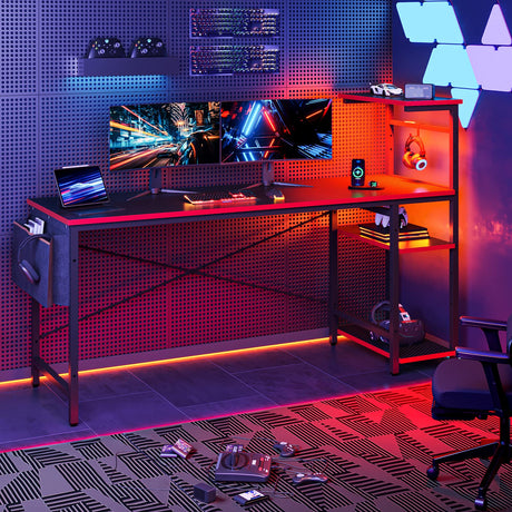 Bestier 61 Inch Gaming Desk with LED Lights, Reversible Shelves, Height Adjustable Shelf, Steel Frame, CARB P2 Class Board, Black Grained Bestier