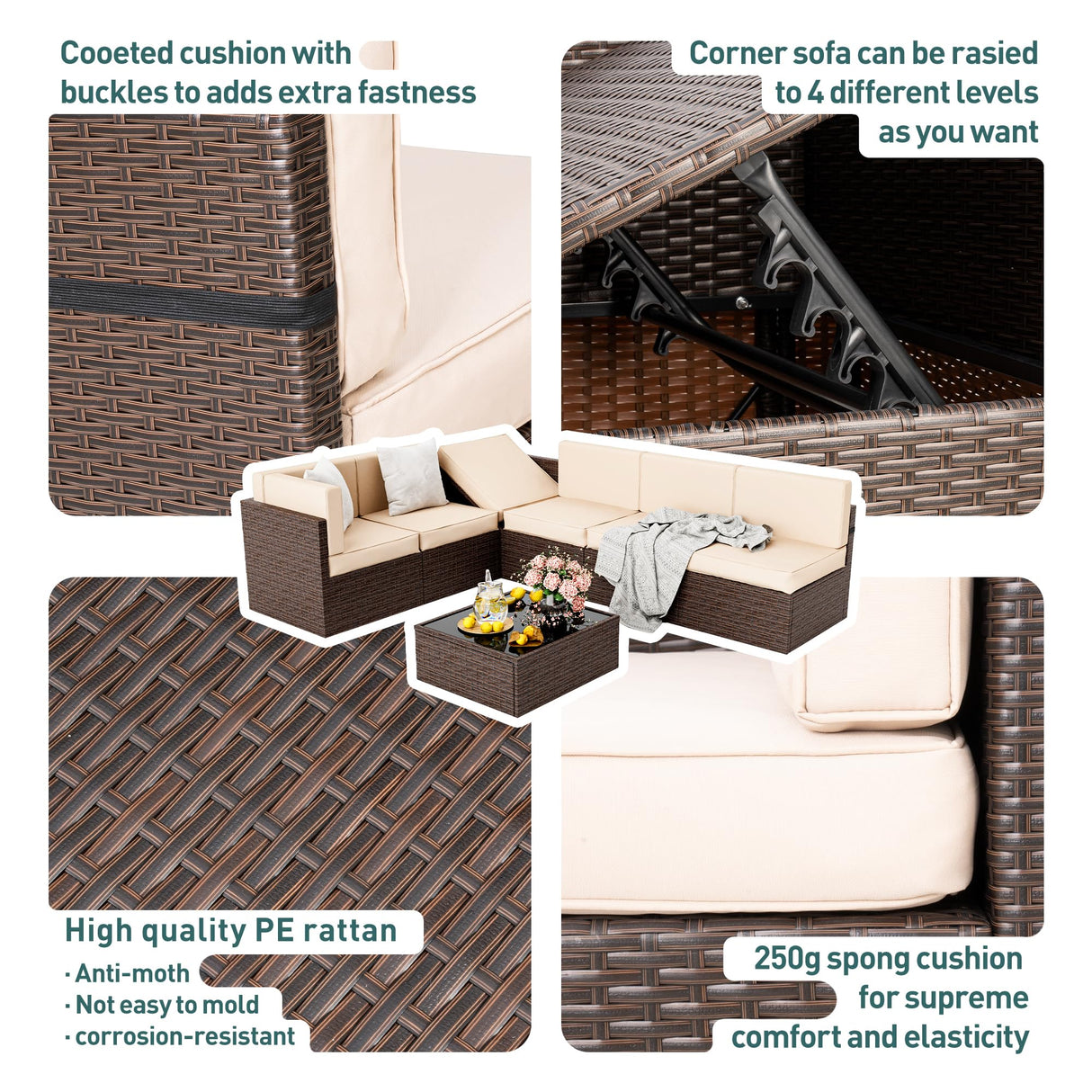 Pamapic Patio Furniture Set, 7 Pieces Modular Outdoor Sectional, Patio Sectional Sofa Conversation Set, Rattan Sofa with Coffee Table and Washable Cushions Covers, Brown Rattan and Beige Cushions Pamapic