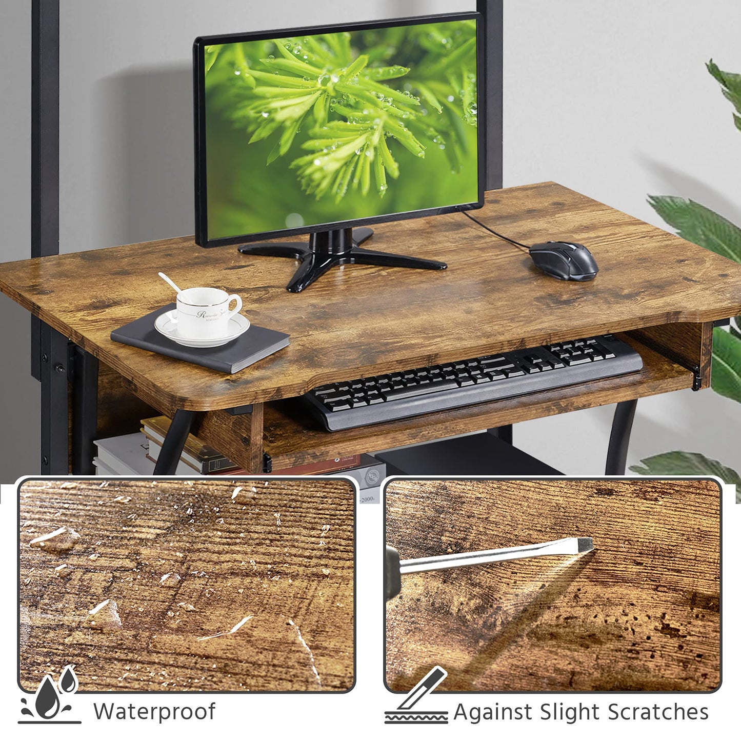 Yaheetech 3 Tiers Rolling Computer Desk with Keyboard Tray and Printer Shelf for Home Office, Mobile Computer Desk for Small Space, Retro Computer Table Compact PC Laptop Workstation, Rustic  - WoodArtSupply