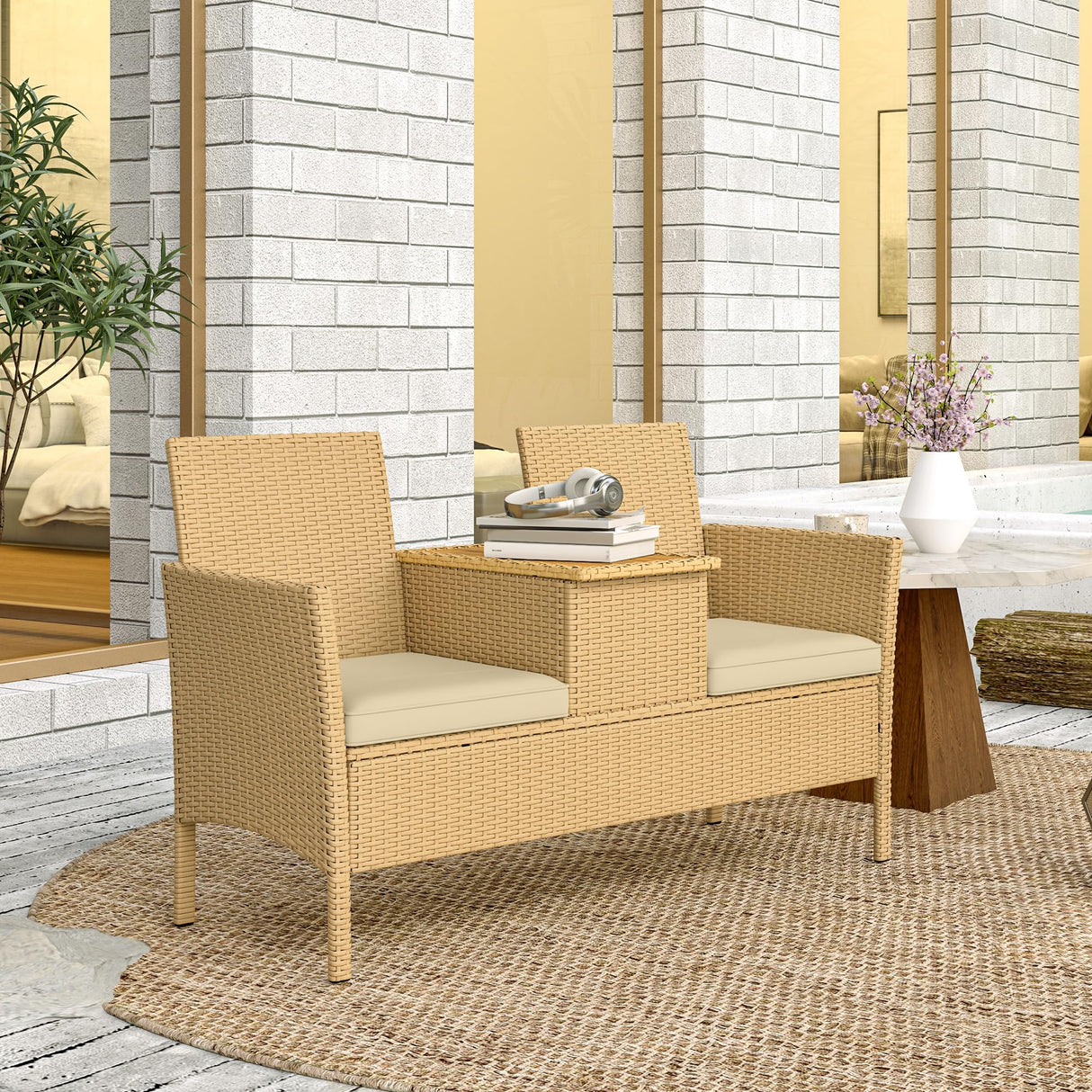Outsunny Rattan Patio Loveseat with Built-in Flip-Top Coffee Table, Outdoor Wicker Sofa with Hidden Storage and Cushions for Balcony, Garden, Lawn, Backyard, Khaki Outsunny