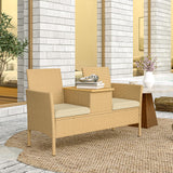 Outsunny Rattan Patio Loveseat with Built-in Flip-Top Coffee Table, Outdoor Wicker Sofa with Hidden Storage and Cushions for Balcony, Garden, Lawn, Backyard, Khaki Outsunny