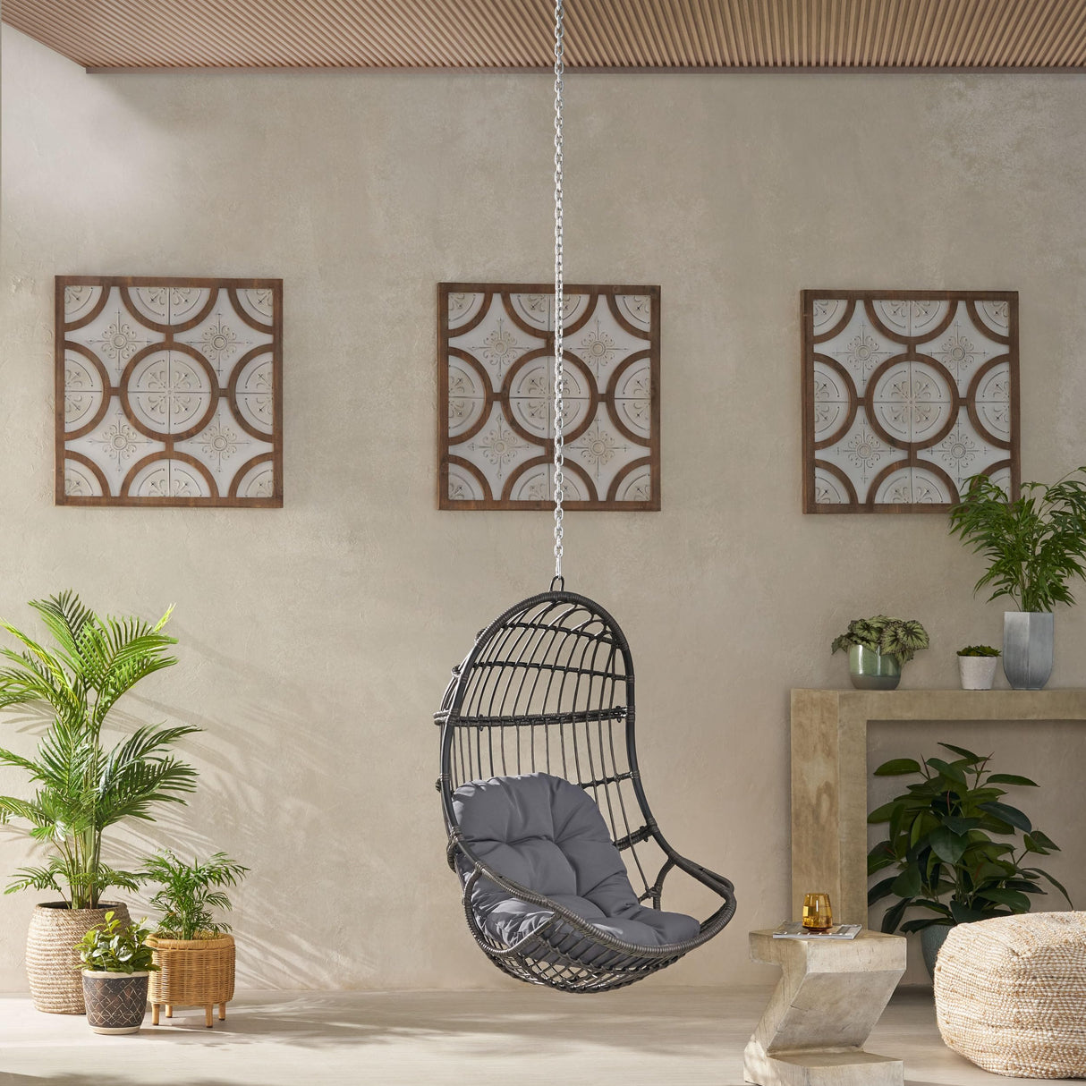 Hanging Chair with 8FT Chain, Egg Swing Chair Without Stand Outdoor Indoor, Wicker Rattan Hammock Egg Swing Chair with Hanging Chain, Ideal for Patio, Porch, Garden, Grey Ibraccieni