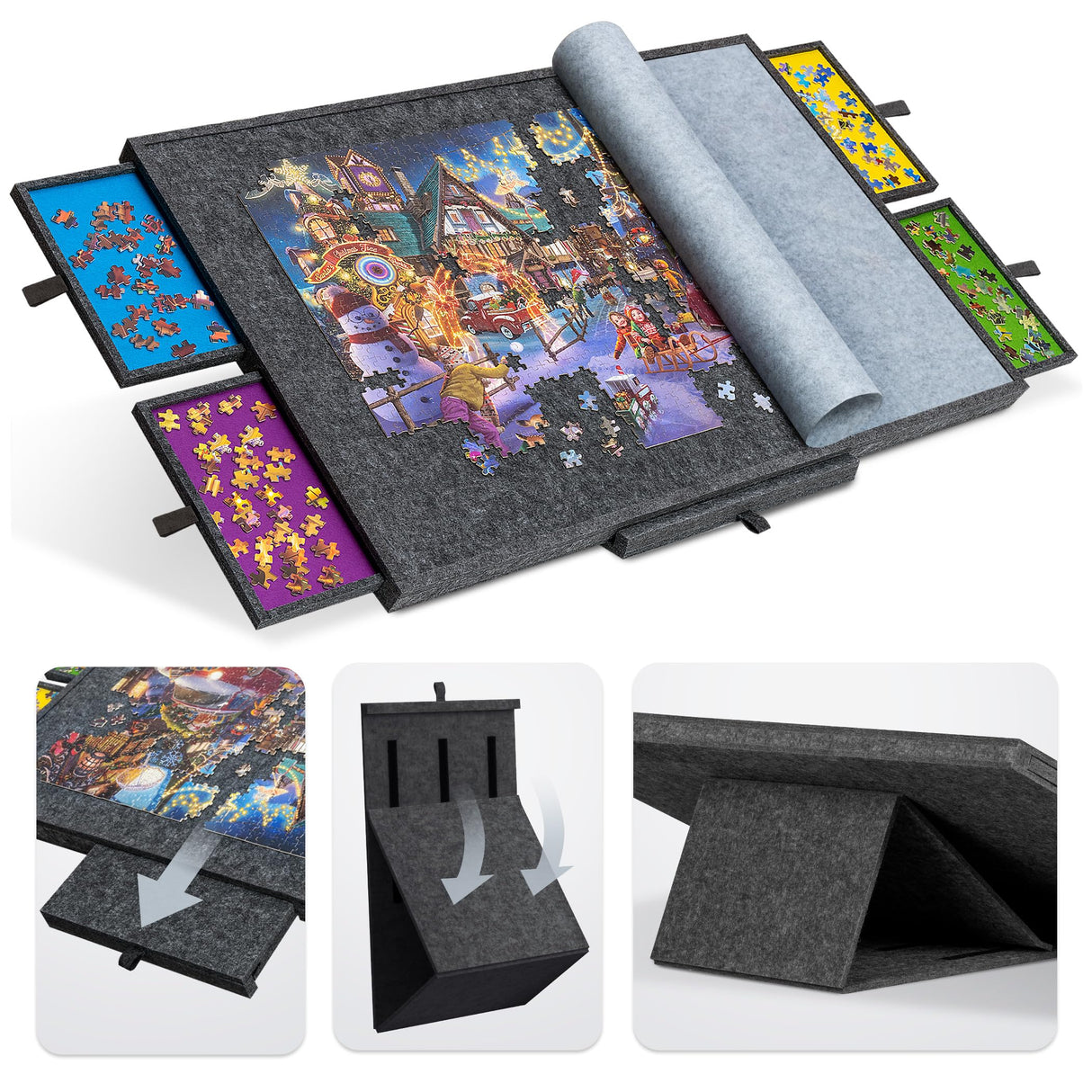 Tektalk Jigsaw Puzzle Table with Integrated Adjustable Stand/Bracket, 3-Tilting-Angle Puzzle Plateau with Cover & 4 Sorting Drawers, Super Lightweight Felt Puzzle Board, for Up to 1500 Pieces - Gray Tektalk