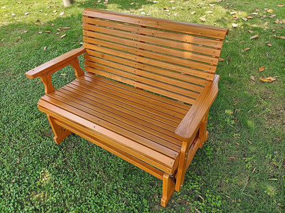 Wooden Patio Glider with High Roll Back and Deep Contoured Seat, Solid Fir Wood, 2-Seater, Heavy Duty 800 LBS, 4 Feet, Brown - WoodArtSupply