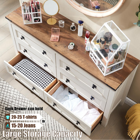 T4TREAM Farmhouse 6 Drawers Dresser Chests for Bedroom, Wood Rustic Wide Chset of Drawers,Storage Dressers Organizer for Bedroom, Living Room,Hallway, Antique White T4TREAM