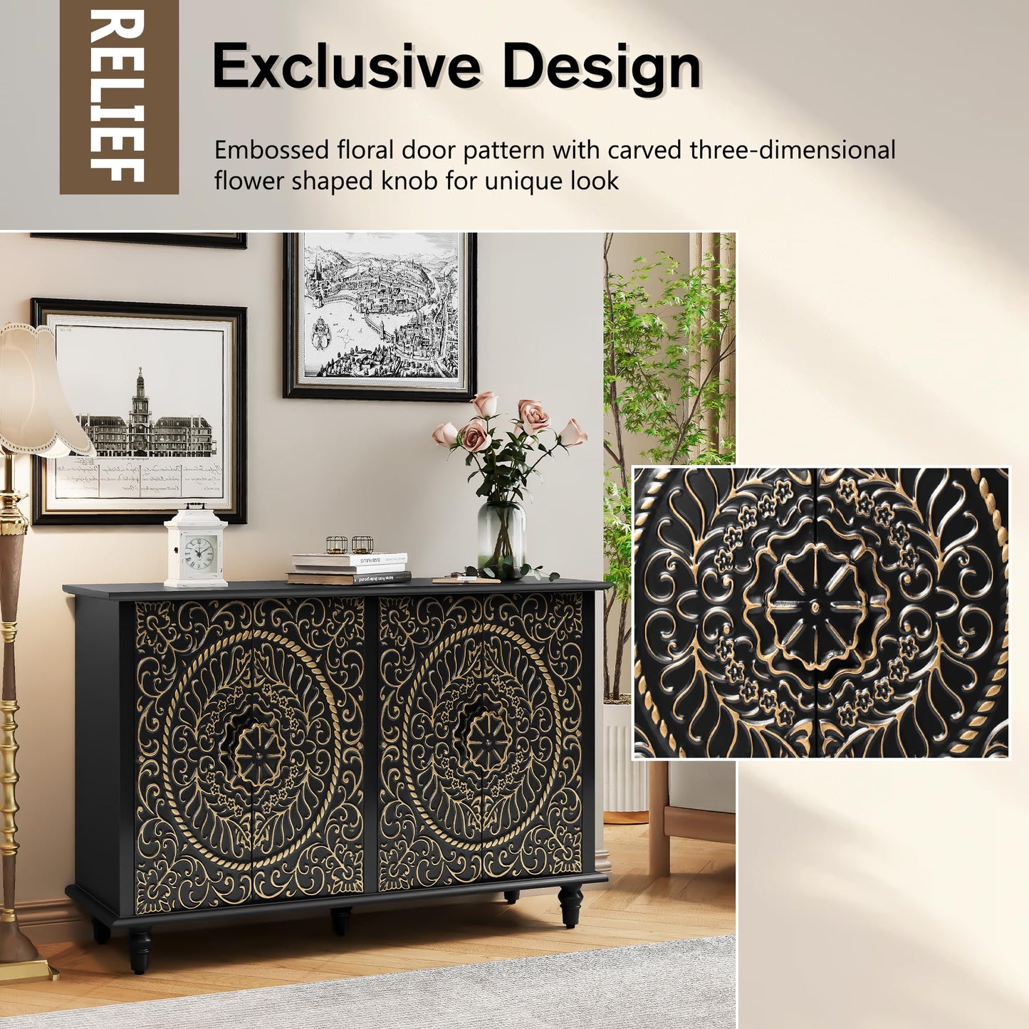 ARTPOWER Black Sideboard Buffet Cabinet with 4 Doors, Accent Decorative Storage Cabinet with Carved Flower Pattern, Wood Credenza Cabinet with storage for Hallway, Living Room, Kitchen, Dinin - WoodArtSupply