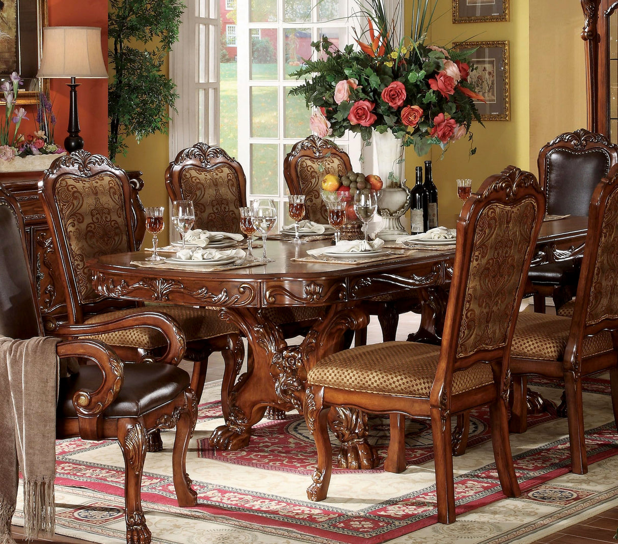 Traditional Kitchen Furniture Set 9pc Formal Dining Table Set Include 1 Extendable Pedestal Table and 8 Upholstered Chairs, 8-Person Solid Wood Extendable Dining Set (Cherry A) Generic