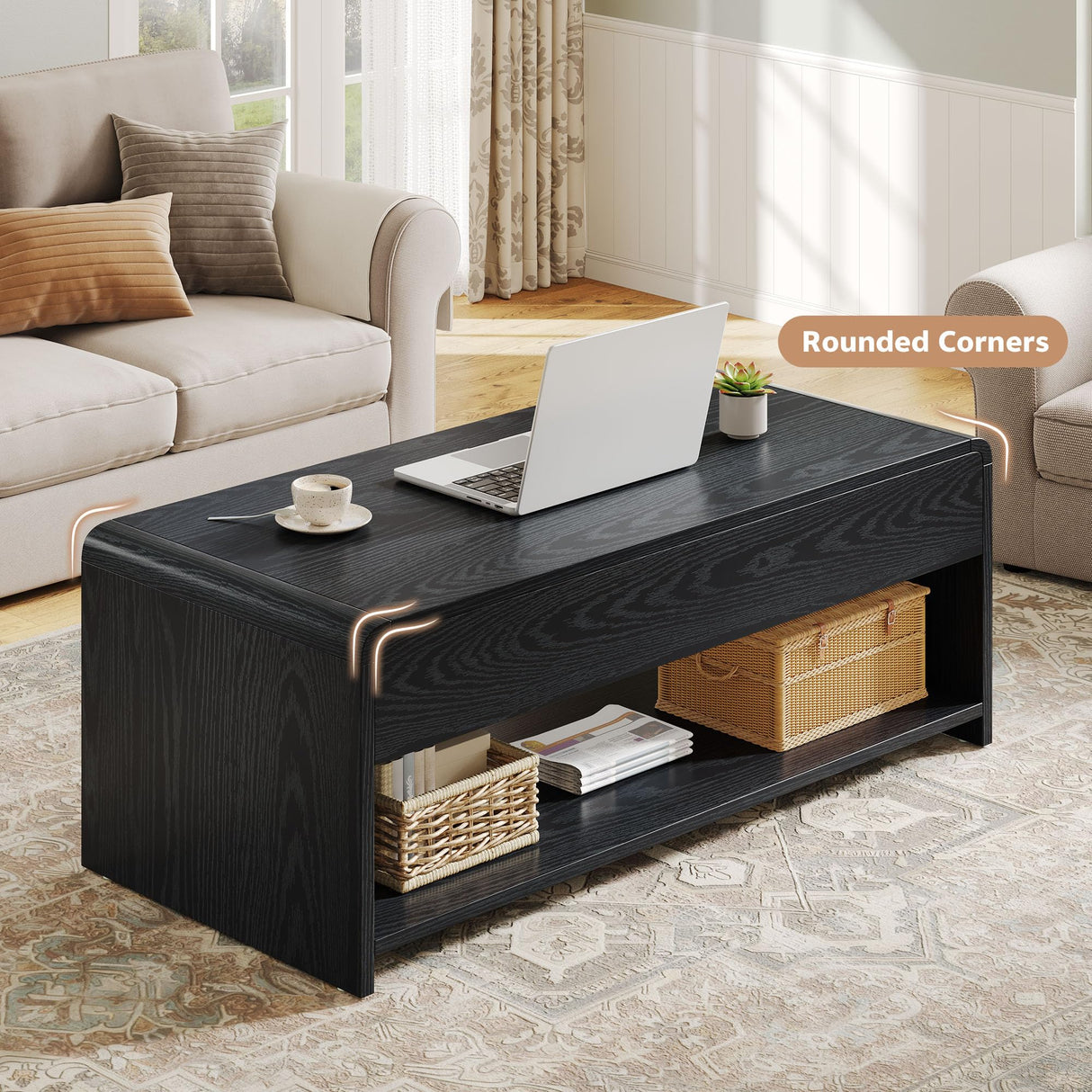 Homiflex Lift Top Coffee Table, 35'' Multi-Function Coffee Table with Hidden Compartment & Open Shelf, Curved Profile Design, Converts to Home Office Table, Dining Table for Living Room, Black Homiflex